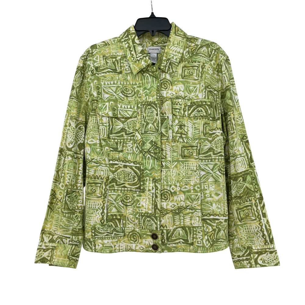 Chicos Green Tribal Fish Print Button Front Jacket Cotton Stretch Size 3 XL